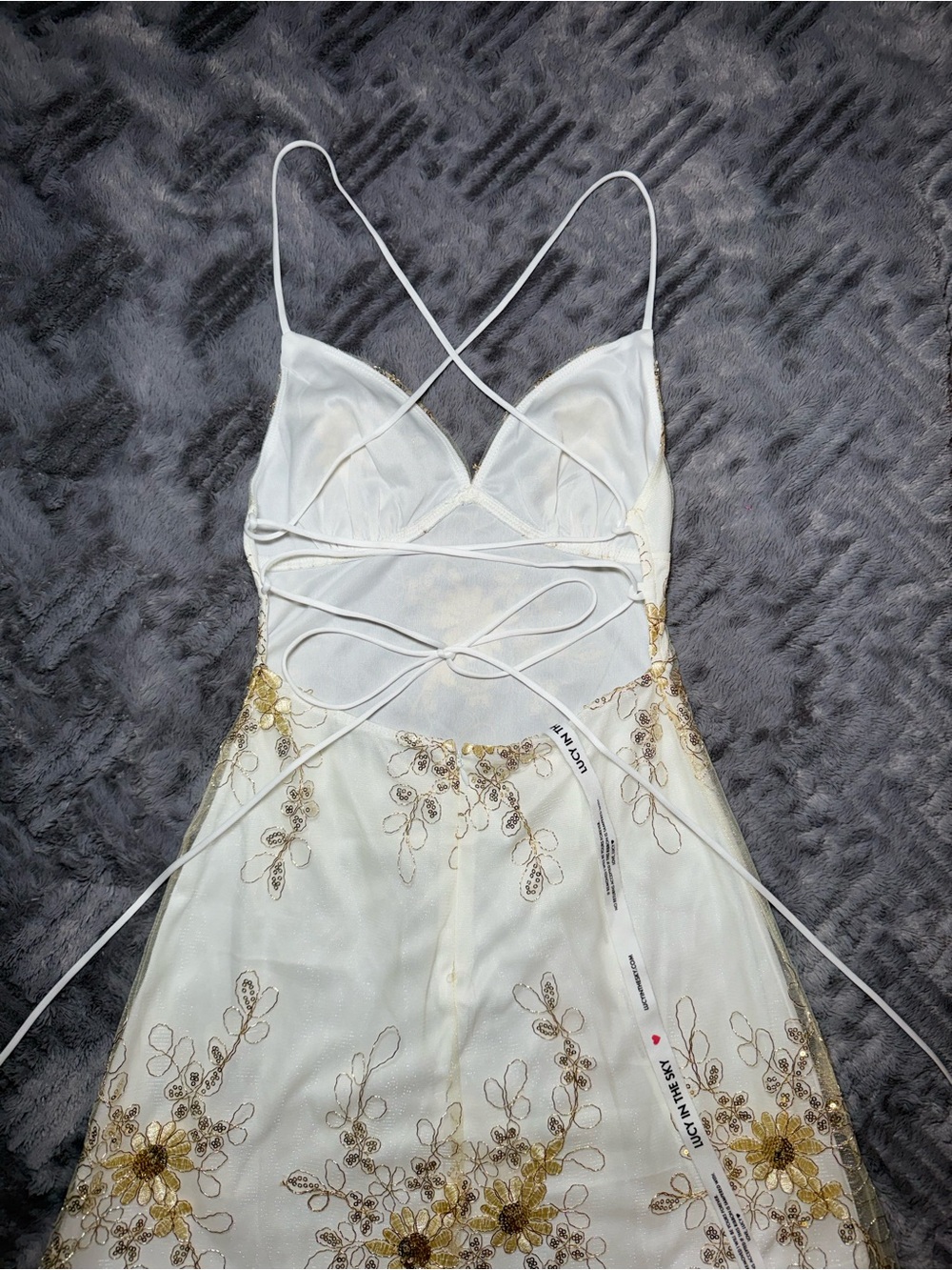 Lucy in the Sky | White & Gold Floral Embroidered Lace-Up Dress - Picture 2 of 7